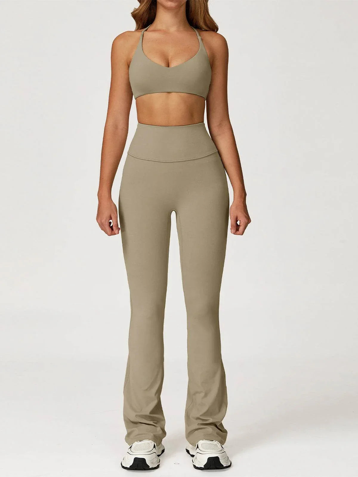 Activewear Sets with Cross Back Sports Bra and Flared Pant - Camel Brown
