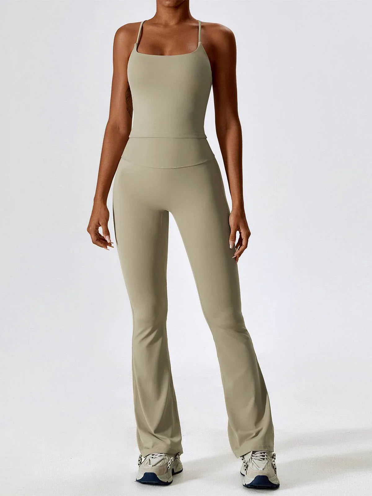 Sport Set with Crossover Strap Tank Top and Flared Pant - Camel Brown