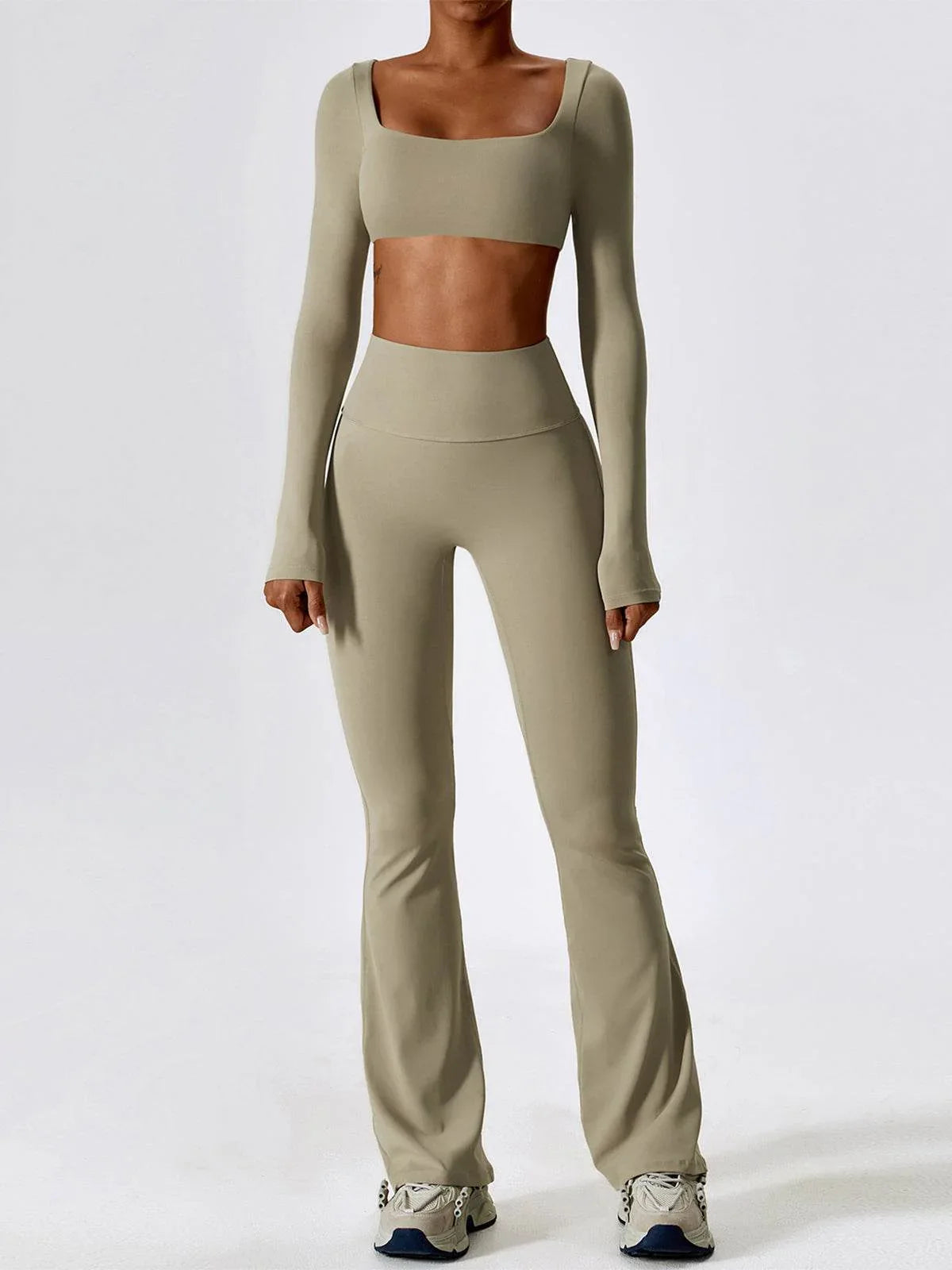 Sport Set with Square Neck Crop Top and Flared Pant - Camel Brown