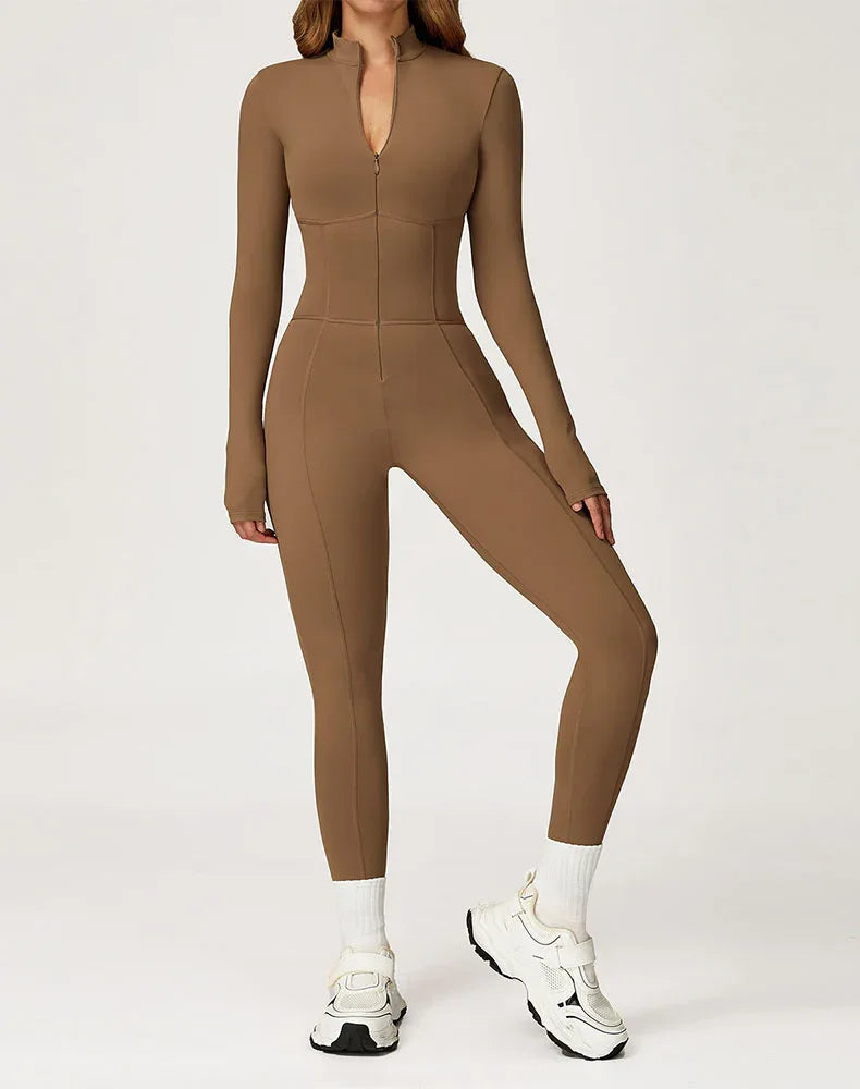 Contour Seams Workout Jumpsuit Zip Up One Piece Bodysuit - Camel Brown