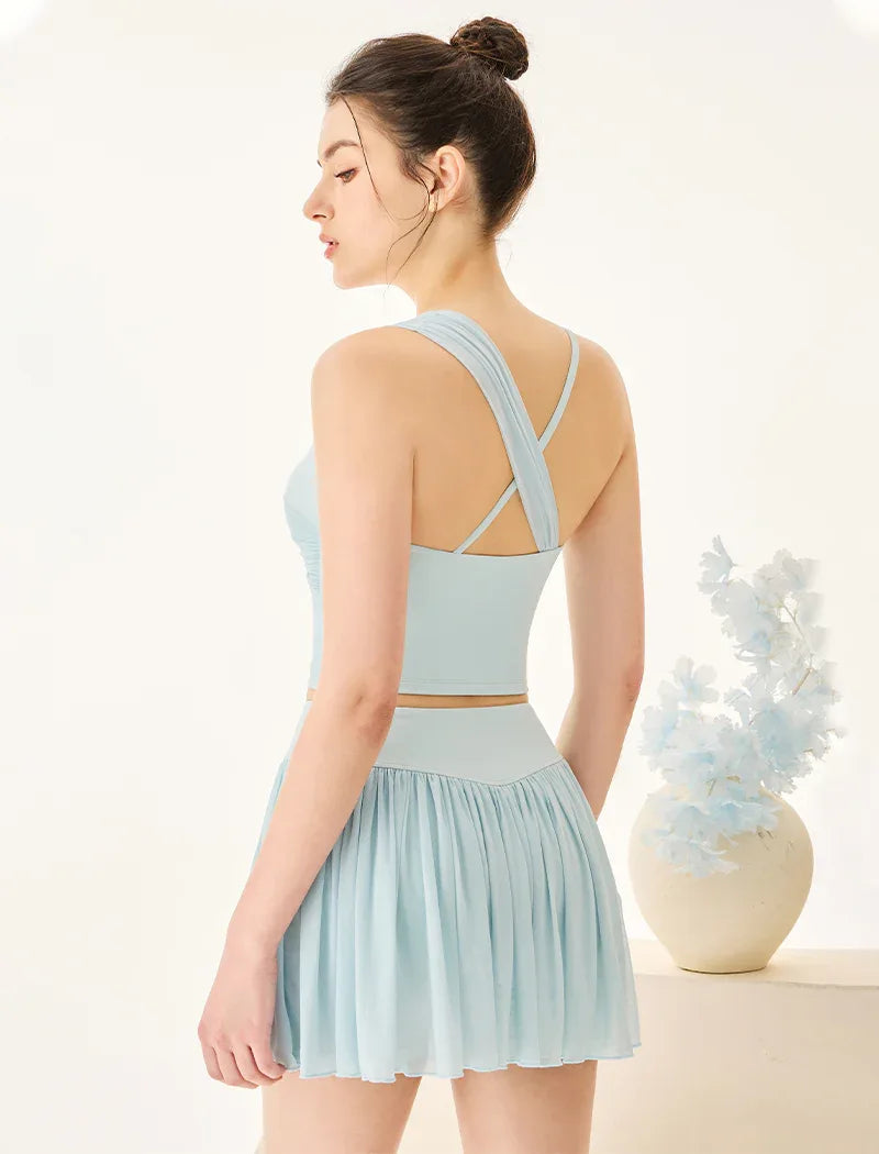Mesh Tennis Set with Asymmetrical Strap Tank Top and Skirt - Blue
