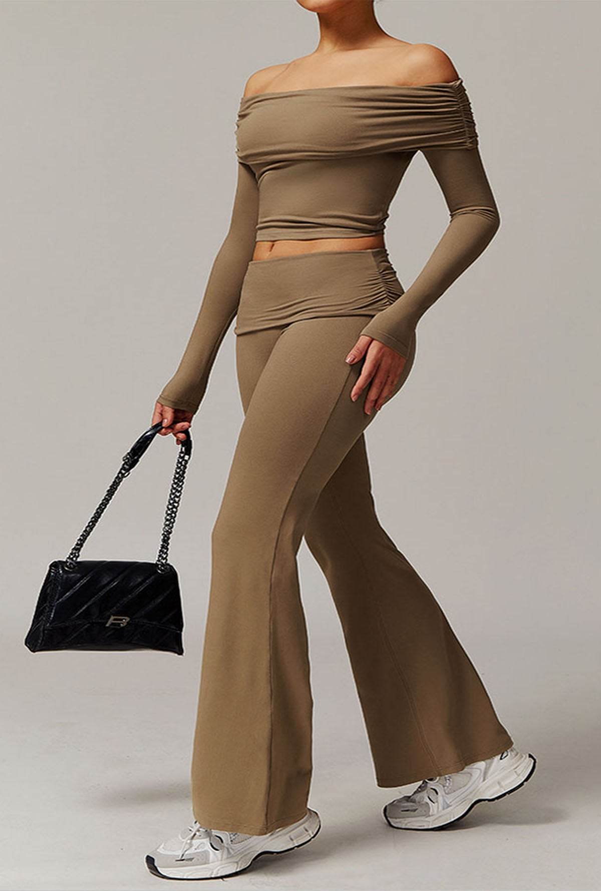 Active Wear Set with Long Sleeve Off Shoulder Crop Top and Flare Pants