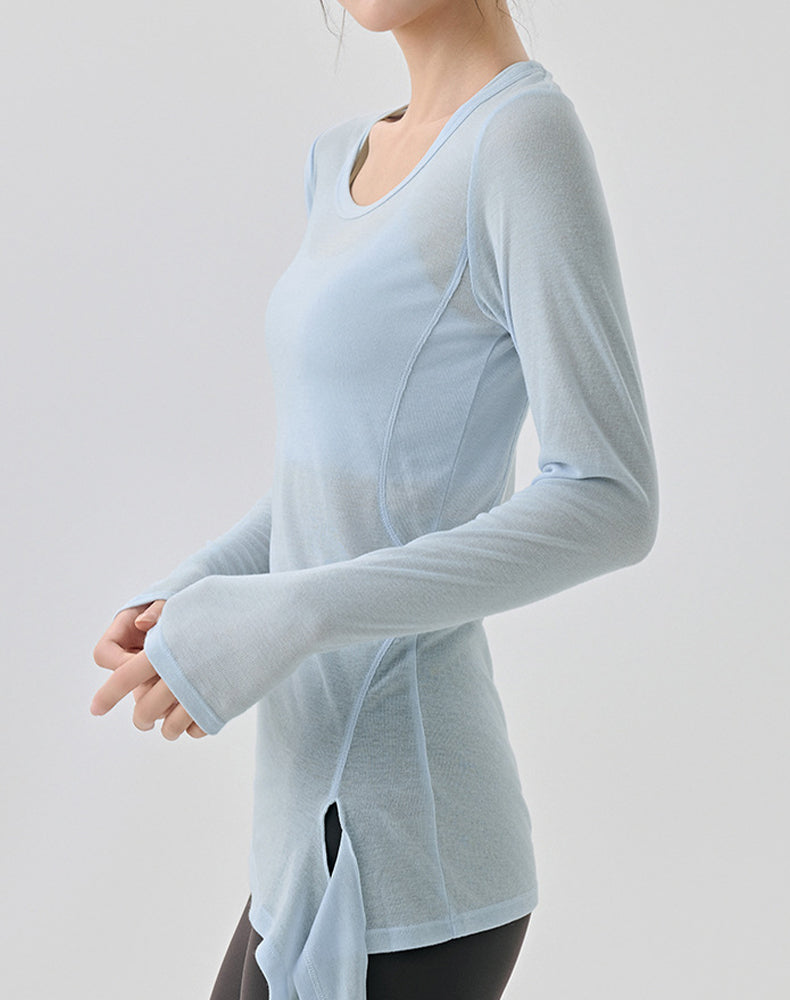 Side Slits Tie Long Sleeves Mesh Yoga Shirts