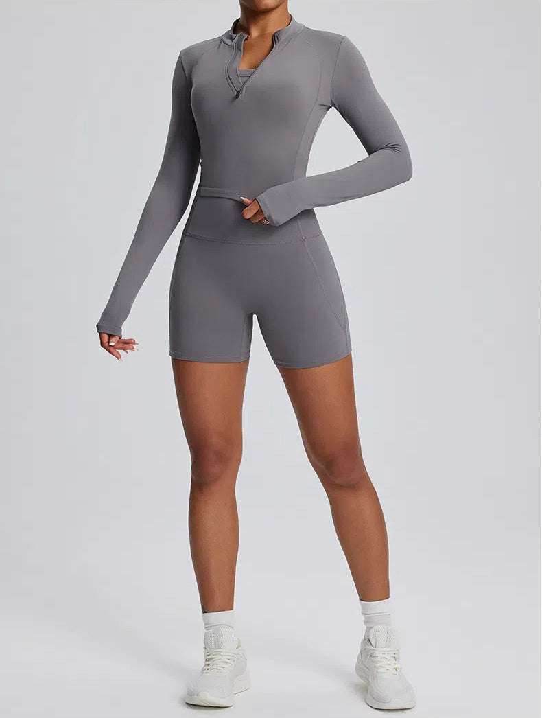 High Waist Fitness Set With Long Sleeve Shirt & Short