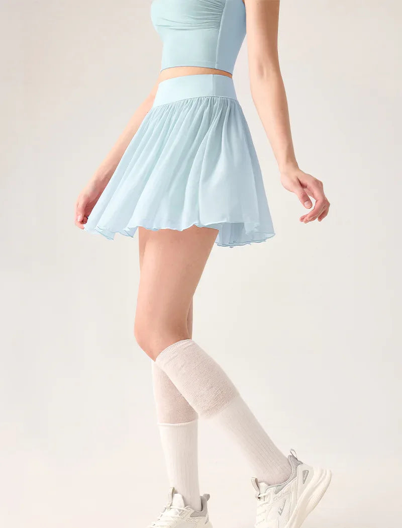 Mesh Sheer Pleated Skirt Tulle Skirt with Short and Pocket