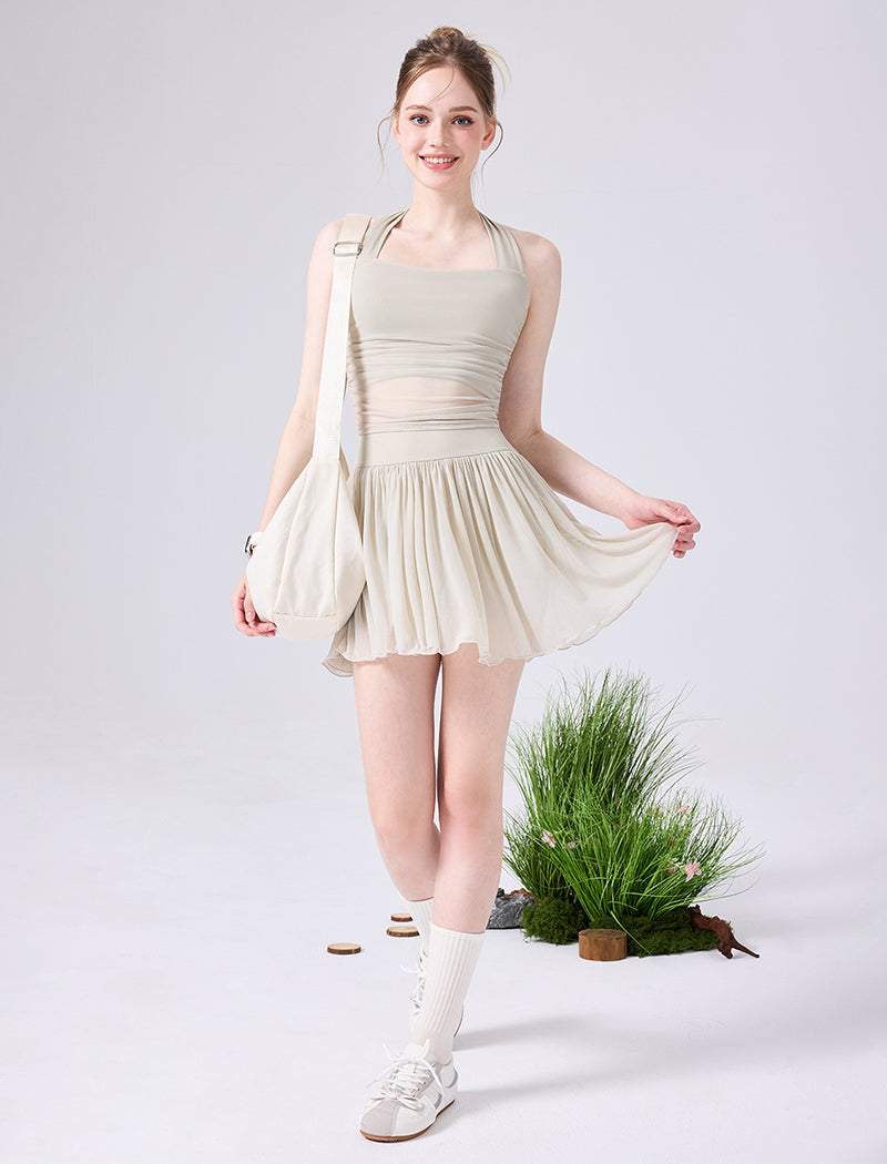 Mesh Tennis Sets with Halter Neck Crop Tank Top and Skirt