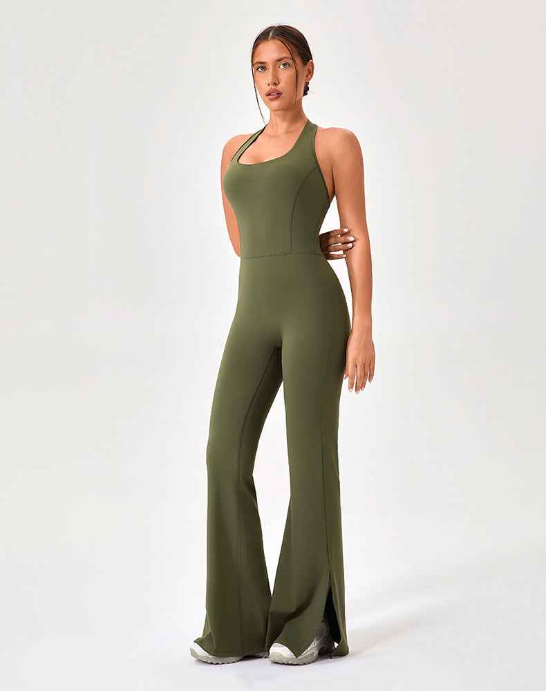 Halter Neck Flare Jumpsuit One Piece Side Split Yoga Rompers