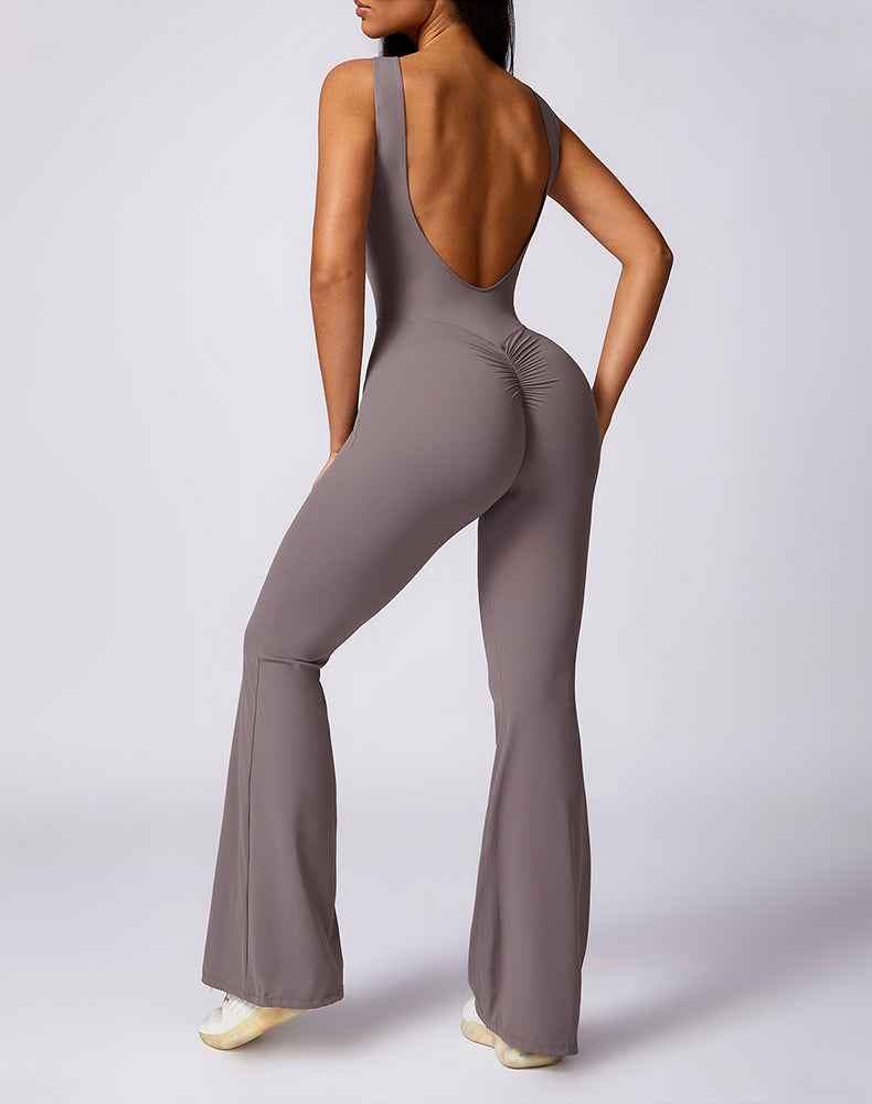 Backless Yoga Flare Jumpsuit Sleeveless Workout Romper