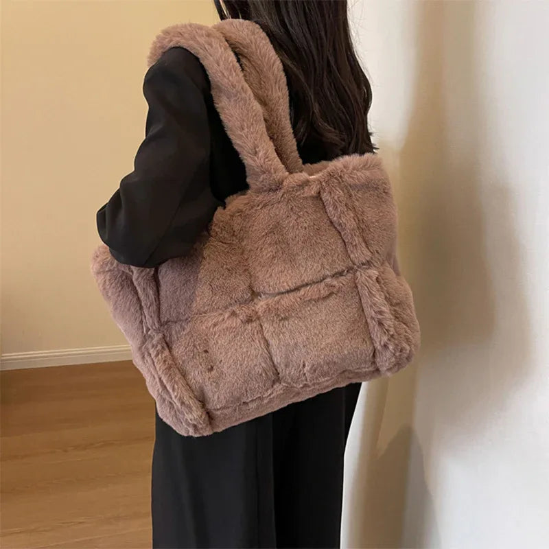 Winter Soft Plush Shoulder Handbag Bag Large Fluffy Tote Bag -