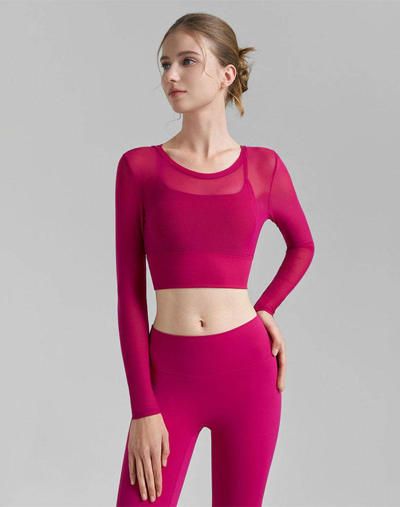 Mesh Long Sleeve Crop Tops V-shaped Cutout Back Yoga T-Shirt