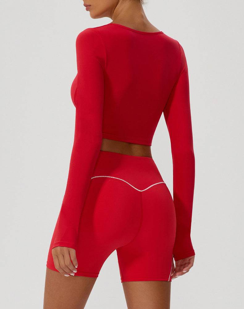 Solid Color Crop Top Yoga Long Sleeve V Neck T-Shirts