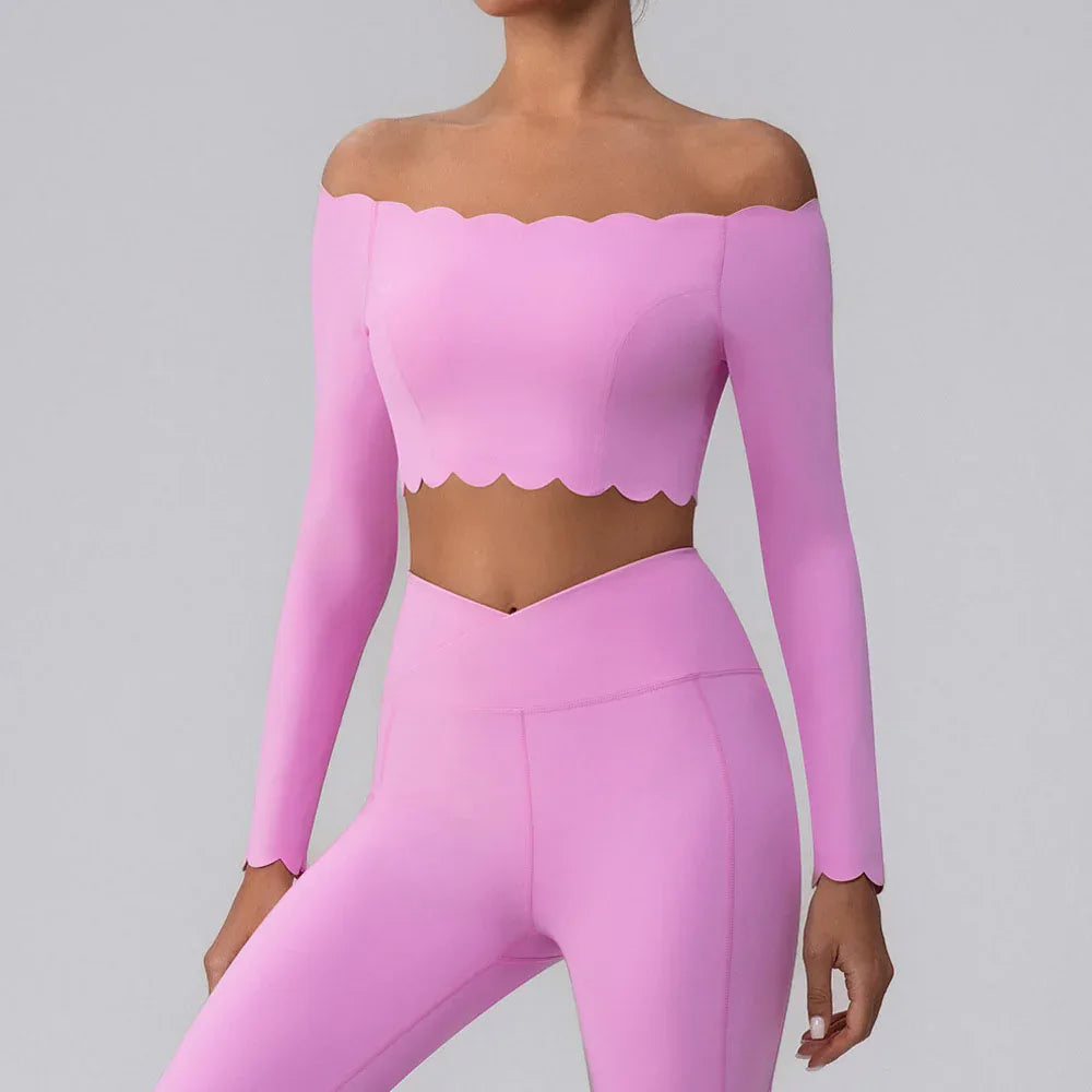Off Shoulder Crop Tops Long Sleeve Shirt with Removable Cups -