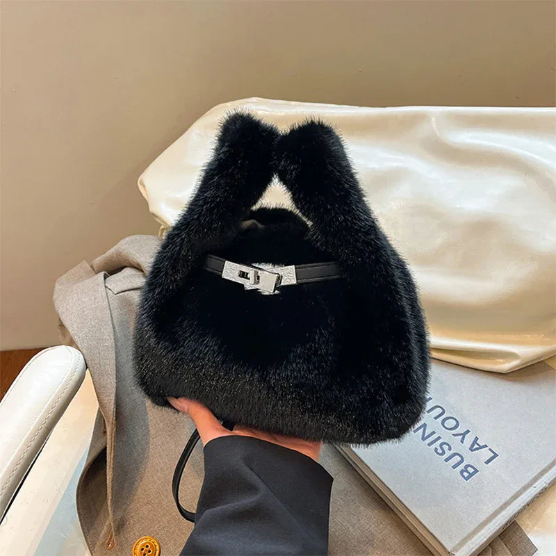 Fuzzy Shoulder Handbag Fluffy Plush Bucket Crossbody Bag -