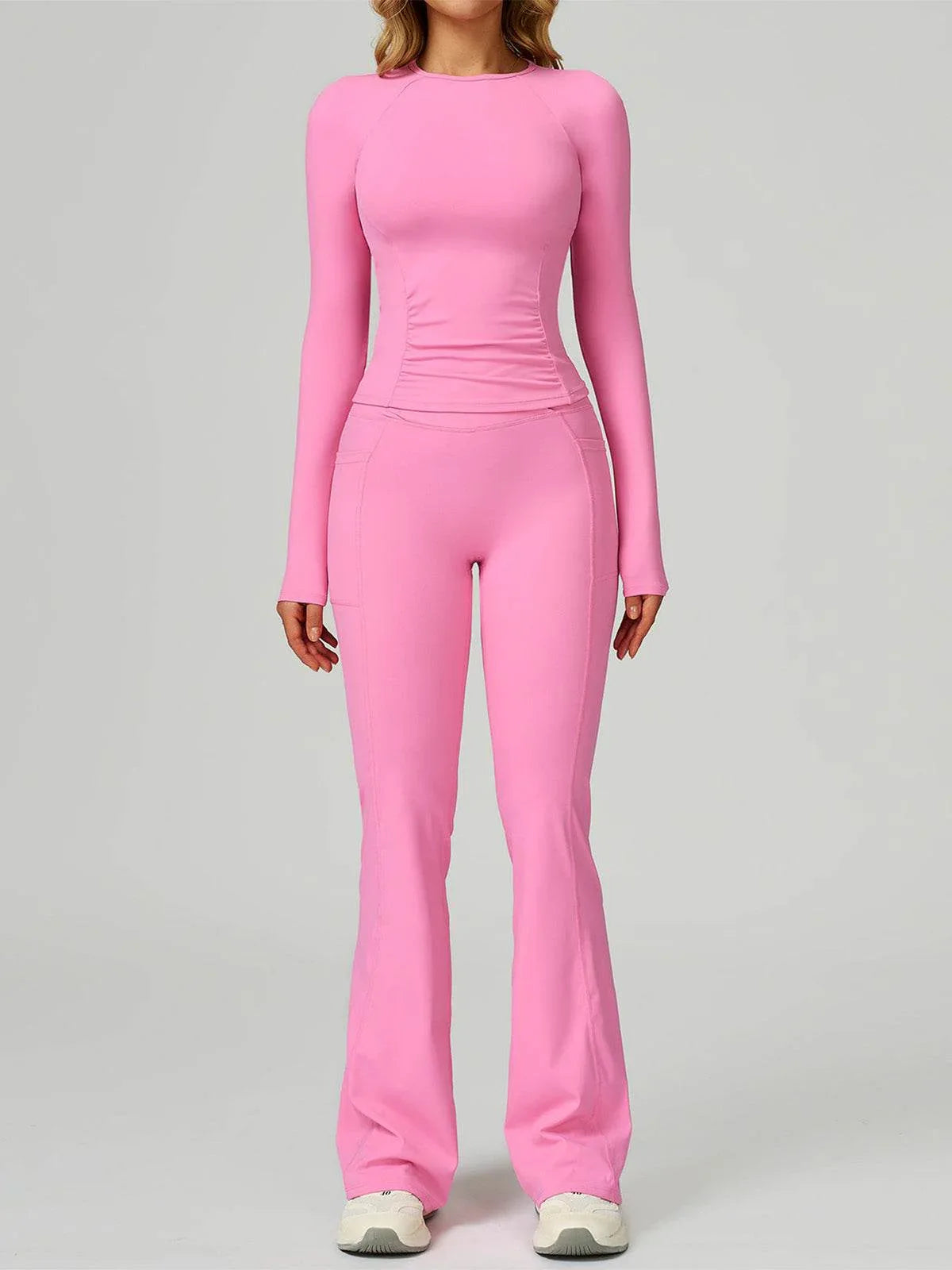 Sport Set with Long Sleeve Crew Neck T-Shirt and Flared Pant - Rose Pink