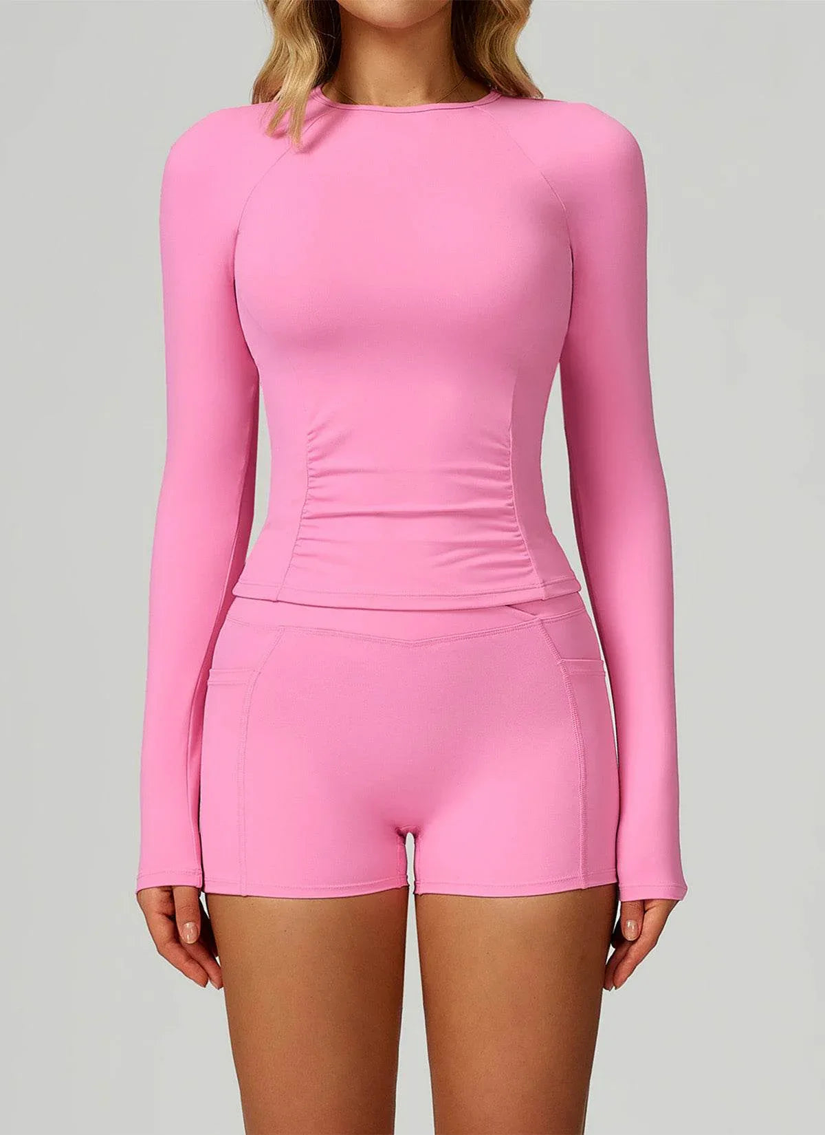 Sport Set with Long Sleeve Crew Neck T-Shirt and Short - Rose Pink