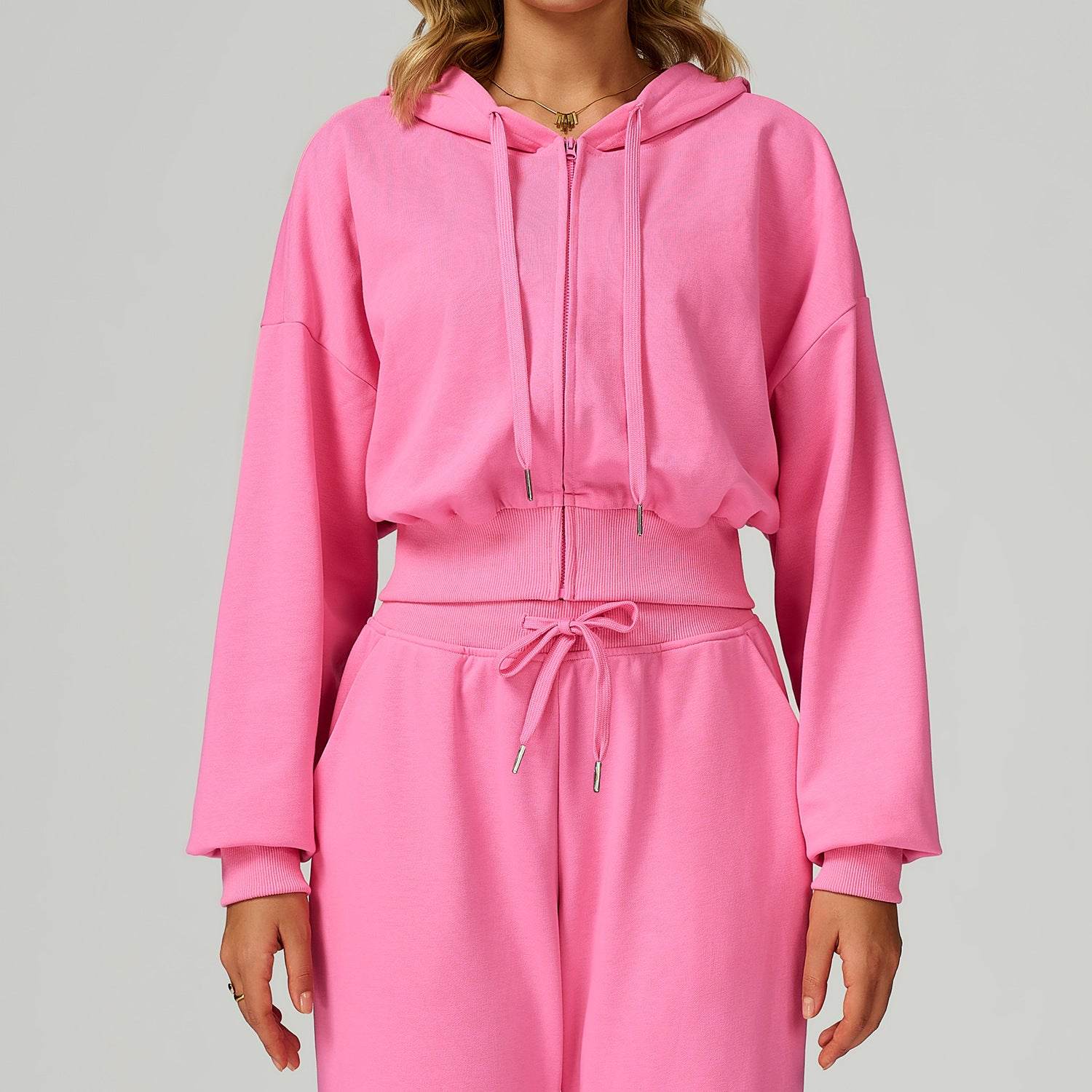 Long Sleeve Full Zip Up Crop Drawstring Hoodie Jacket