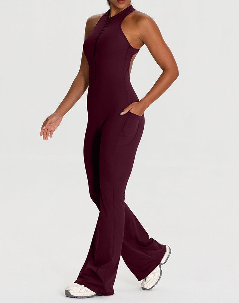 Zipper Racerback Yoga Bodysuit Flare Jumpsuit with Pockets