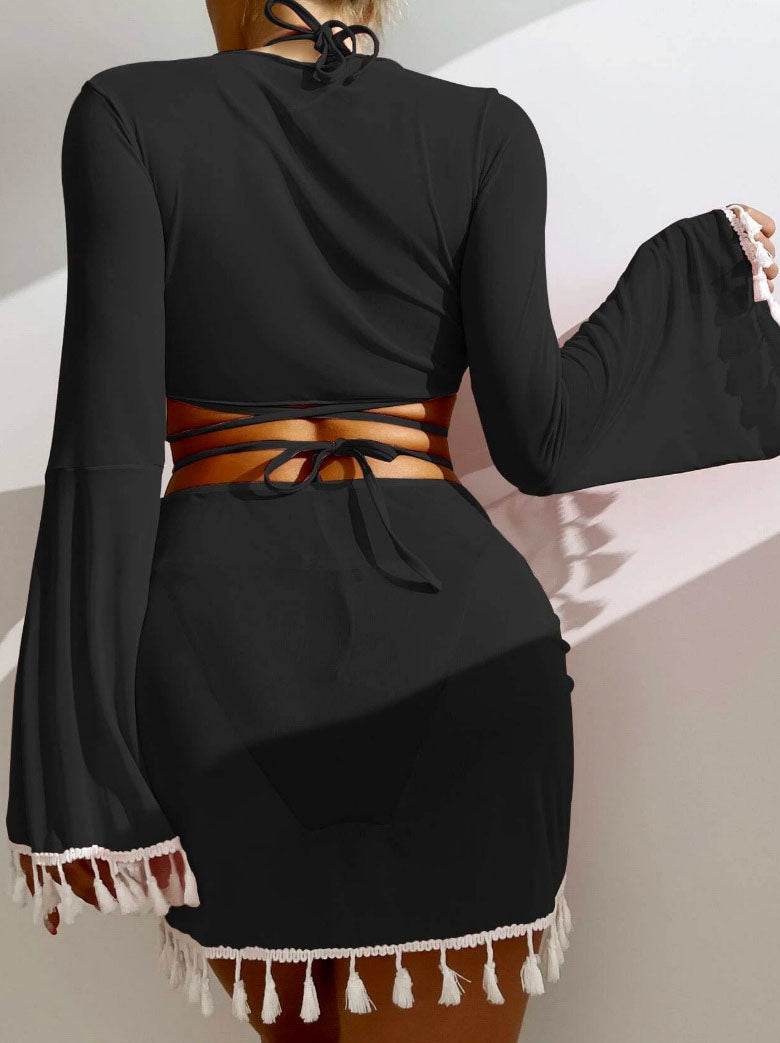 4 Piece Triangle Bikini Sets with Cover Up Top and Skirt -
