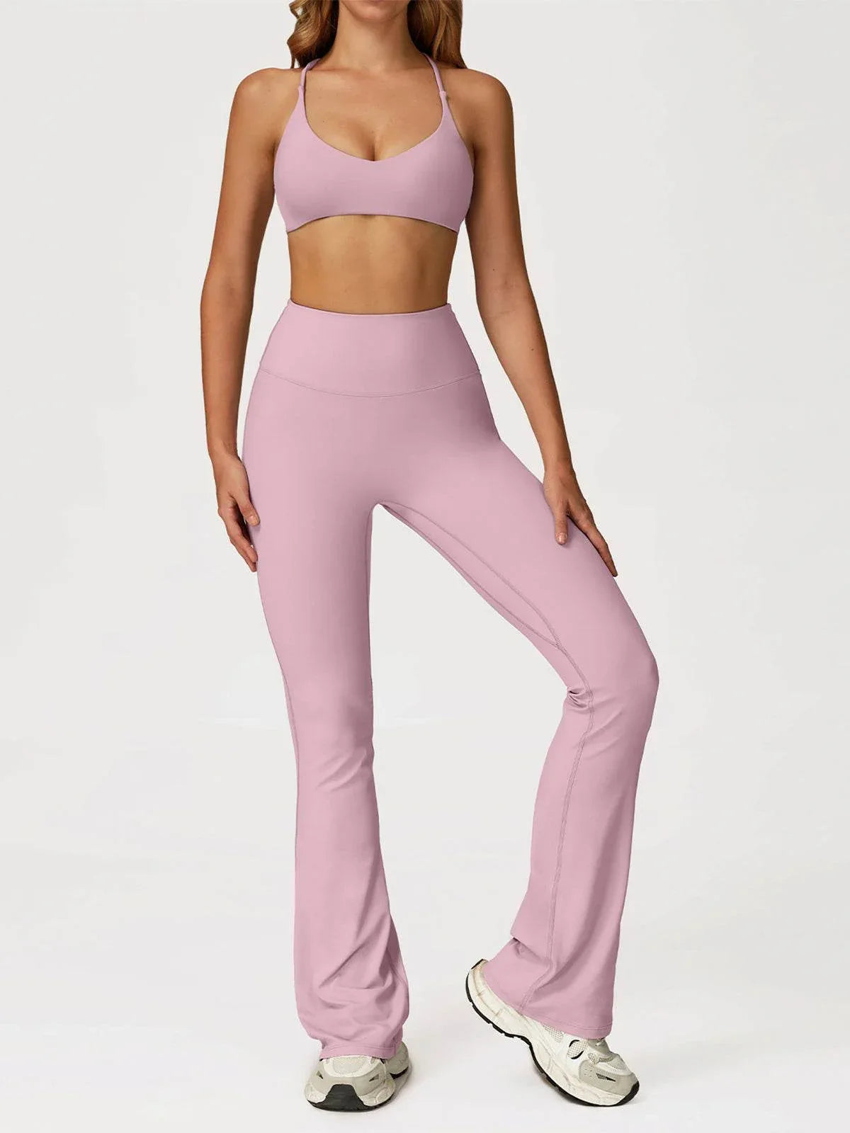 Activewear Sets with Cross Back Sports Bra and Flared Pant -