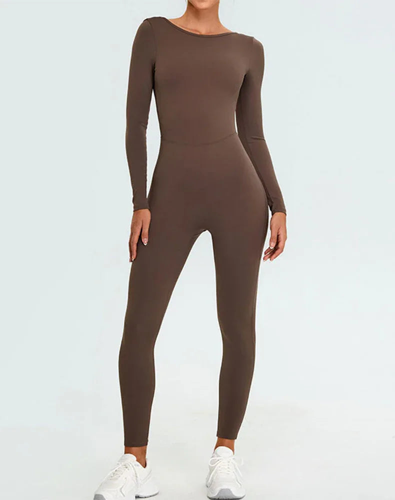 Long Sleeve Backless Workout Jumpsuit One Piece Bodysuit -