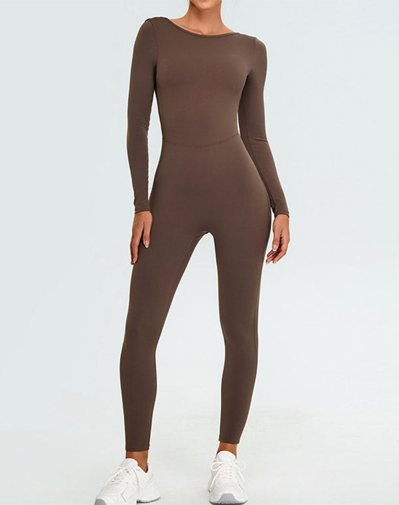 Long Sleeve Backless Workout Jumpsuit One Piece Bodysuit