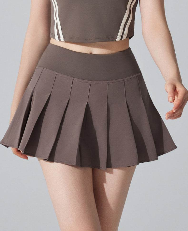 Pleated Tennis Mini Skirt with Shorts and Pockets - Brown