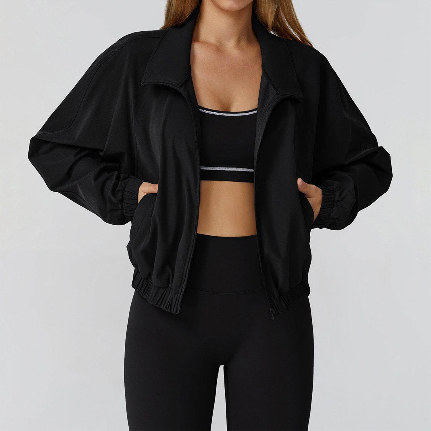 Full Zip Athletic Jacket Cropped Coats with Pockets