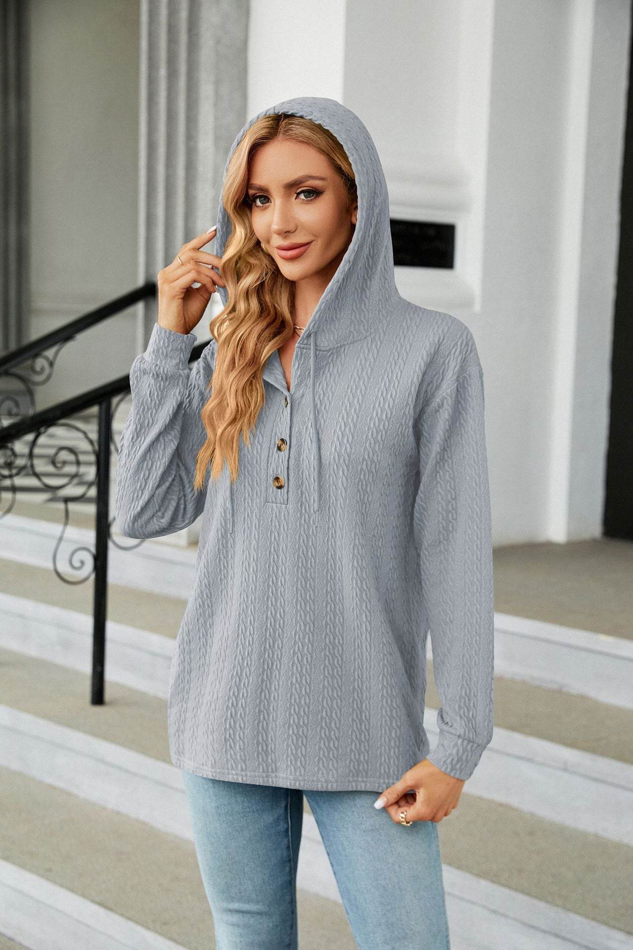 Button Hooded Sweatshirt Loose Long Sleeve Casual Tops
