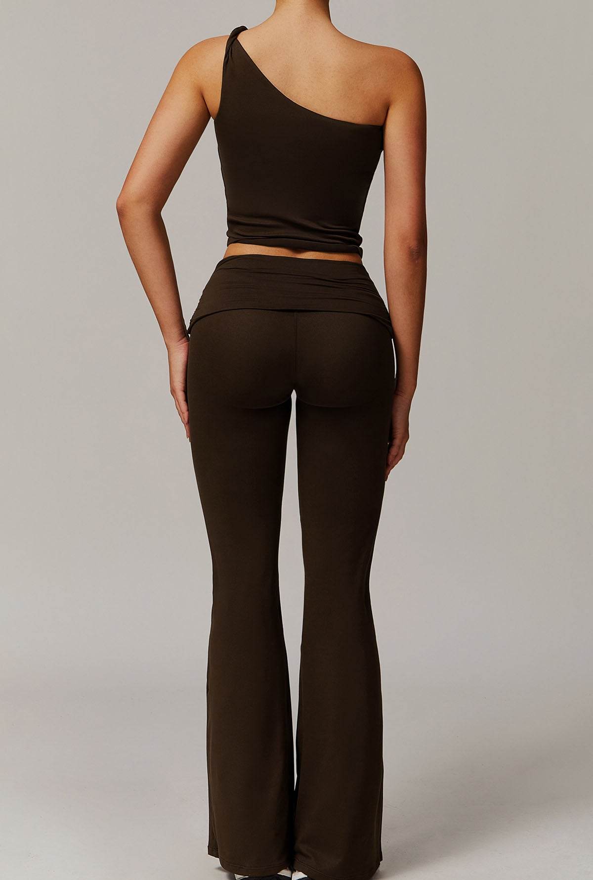 Active Wear Set with One Shoulder Knot Design Tank Top and Flare Pants