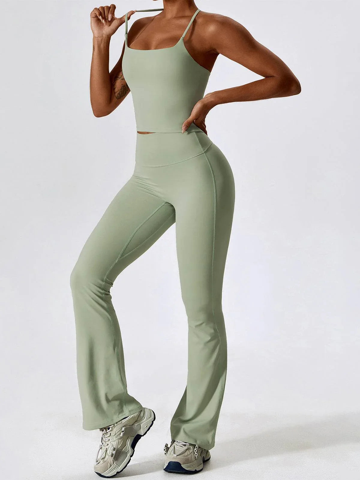 Sport Set with Crossover Strap Tank Top and Flared Pant -