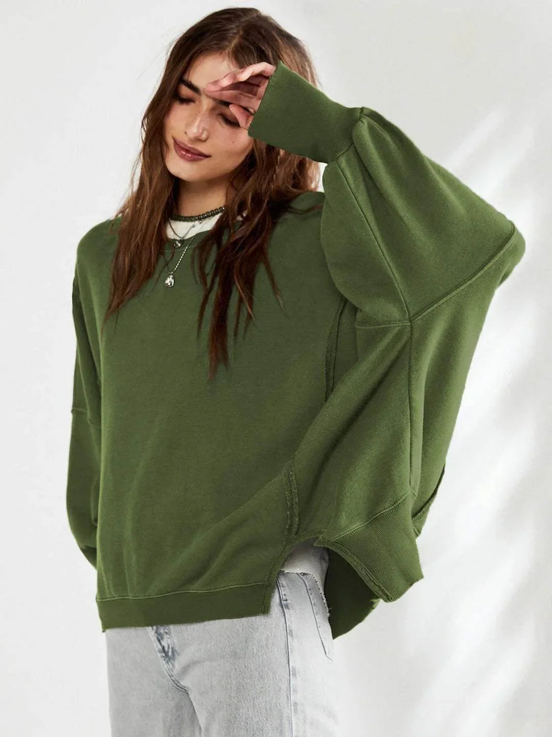 Oversized Long Sleeve Casual Sweatshirt - Military Green