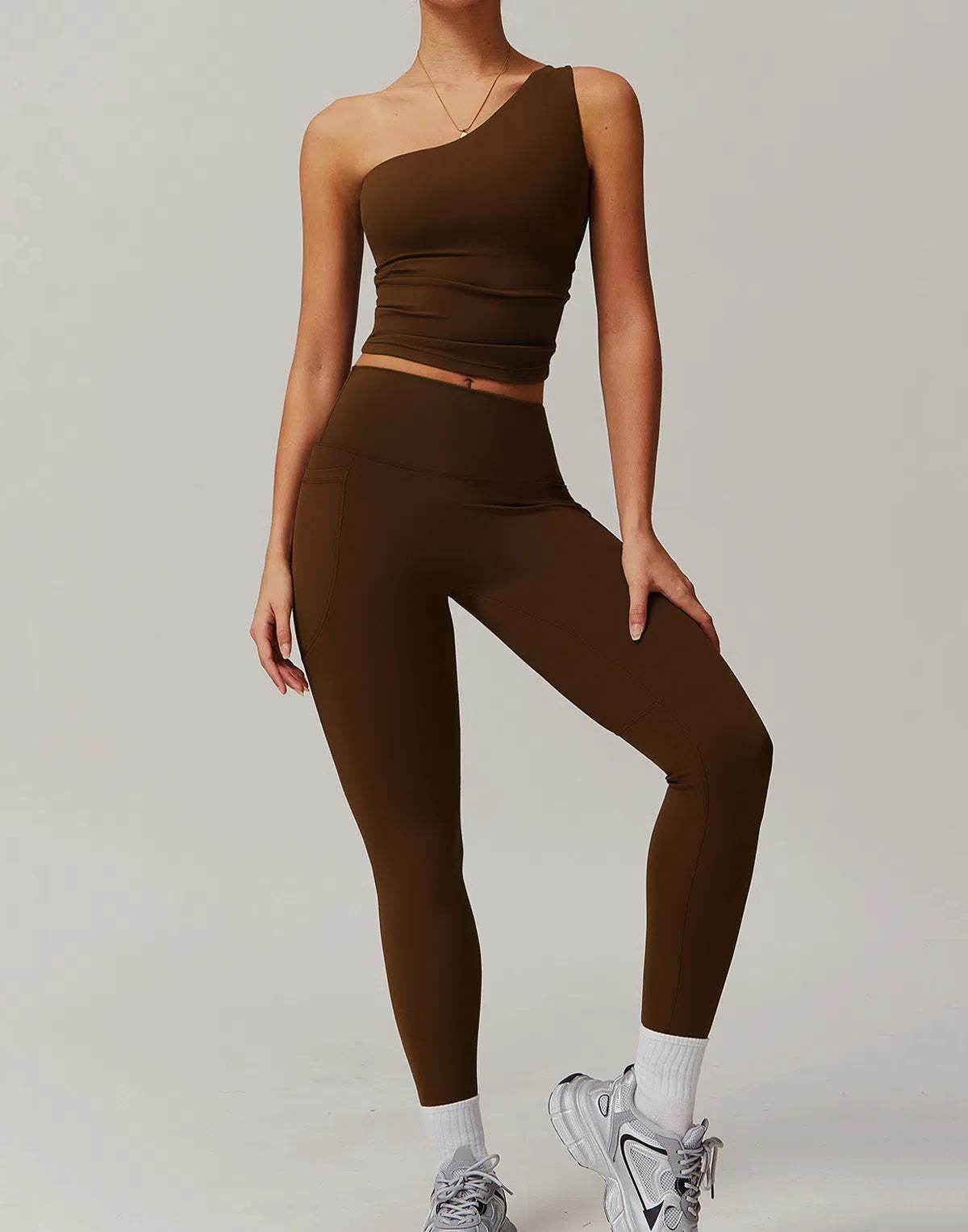 Solid Yoga Set With One shoulder Tank Top and Legging