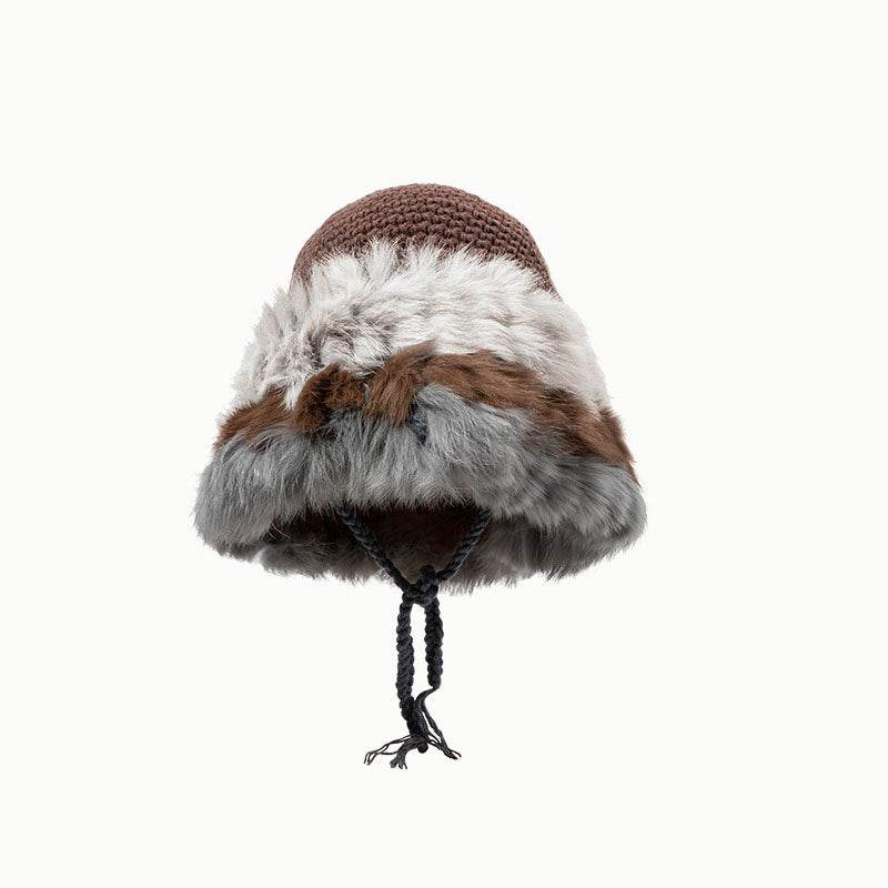 Winter Knitted Fur Beanies Hat Patchwork Warm Plush Cap