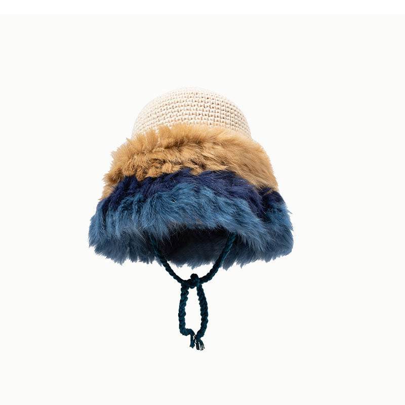 Winter Knitted Fur Beanies Hat Patchwork Warm Plush Cap