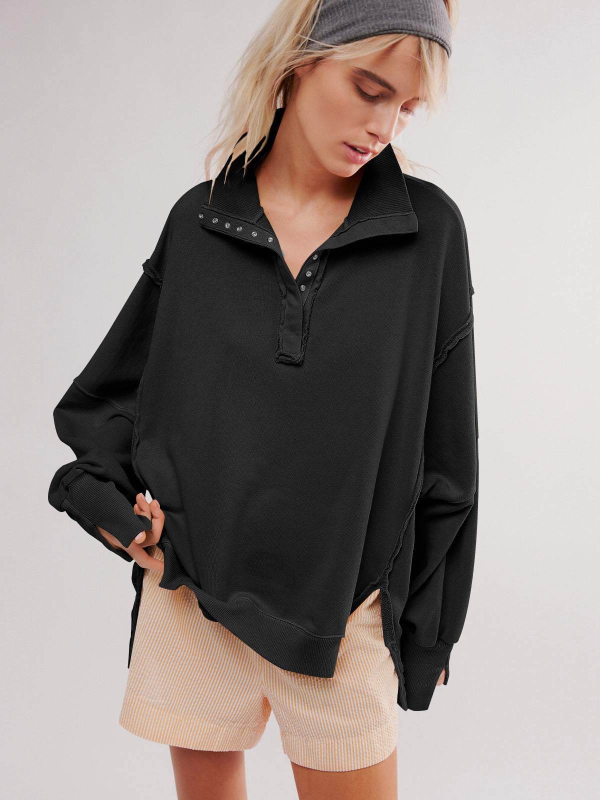 Oversized V Neck Long Sleeve Hoodies Pullover