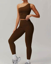 Solid Yoga Set With One shoulder Tank Top and Legging