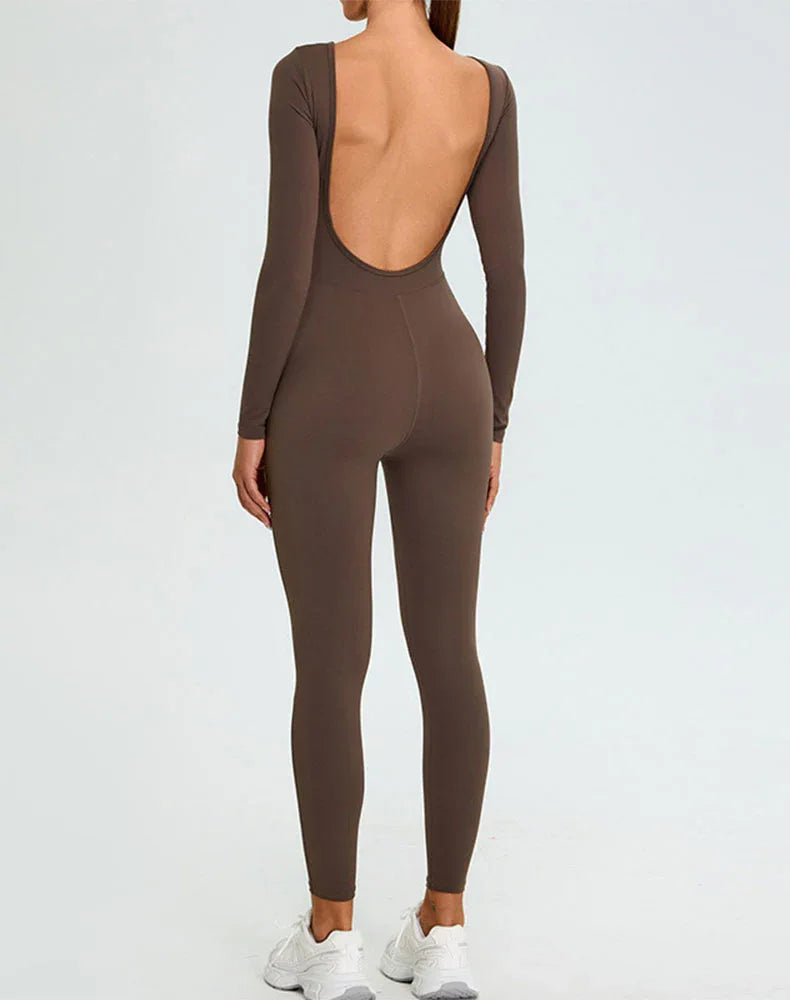 Long Sleeve Backless Workout Jumpsuit One Piece Bodysuit - Dark Brown