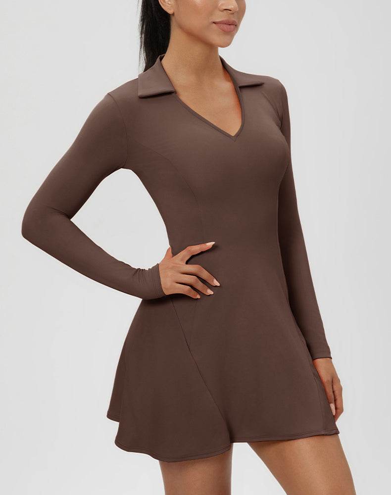 Long Sleeve V Neck Tennis Dress - Dark Brown