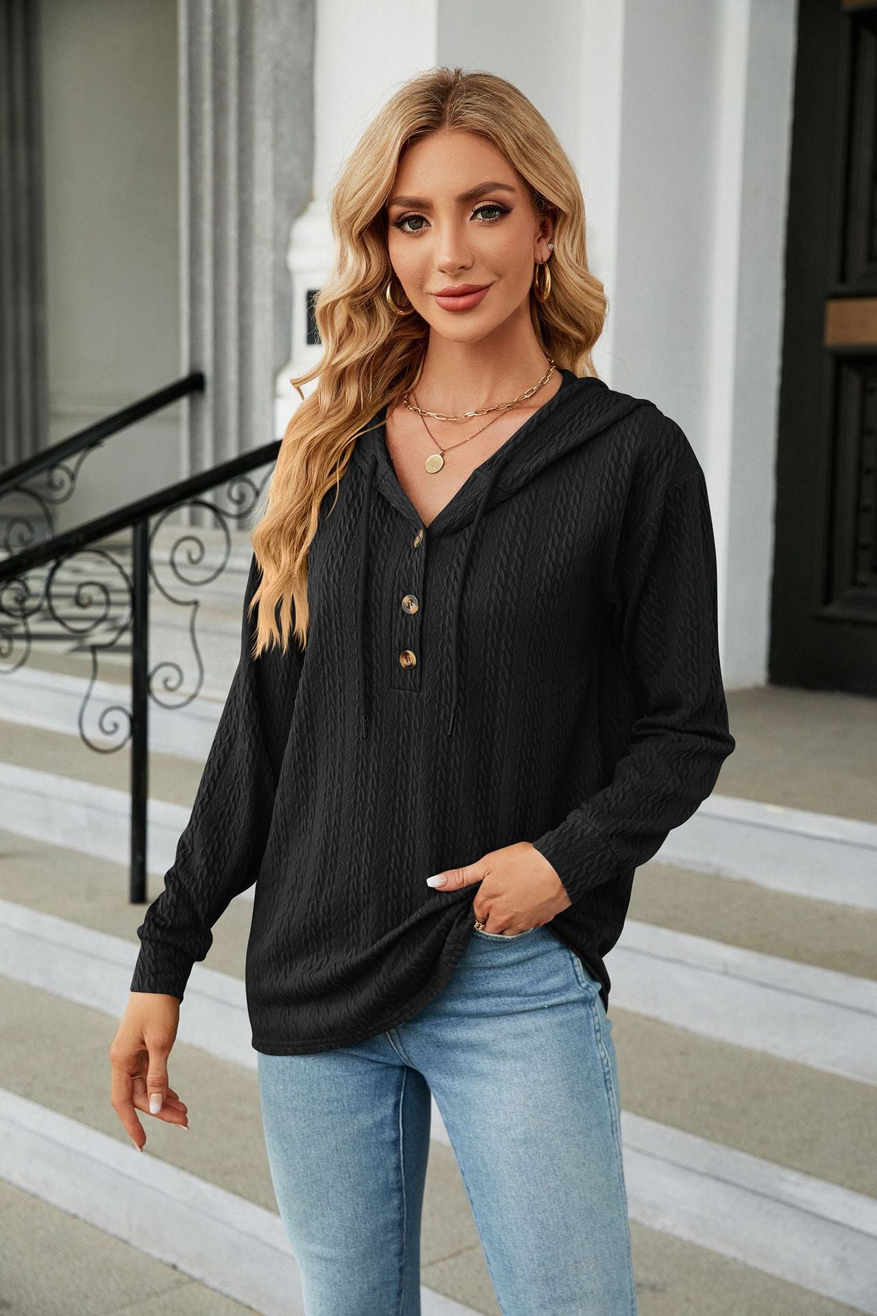 Button Hooded Sweatshirt Loose Long Sleeve Casual Tops