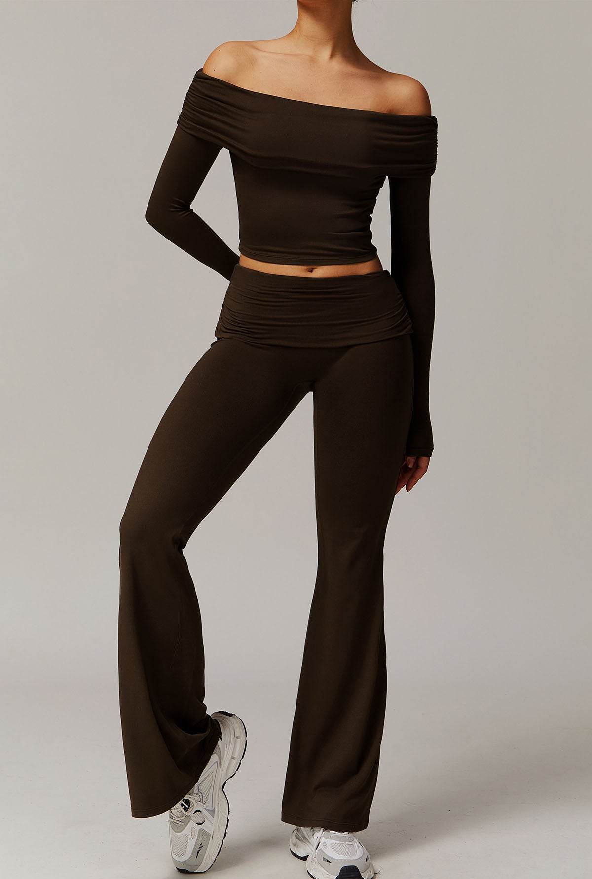 Active Wear Set with Long Sleeve Off Shoulder Crop Top and Flare Pants