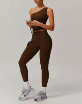 Solid Yoga Set With One shoulder Tank Top and Legging