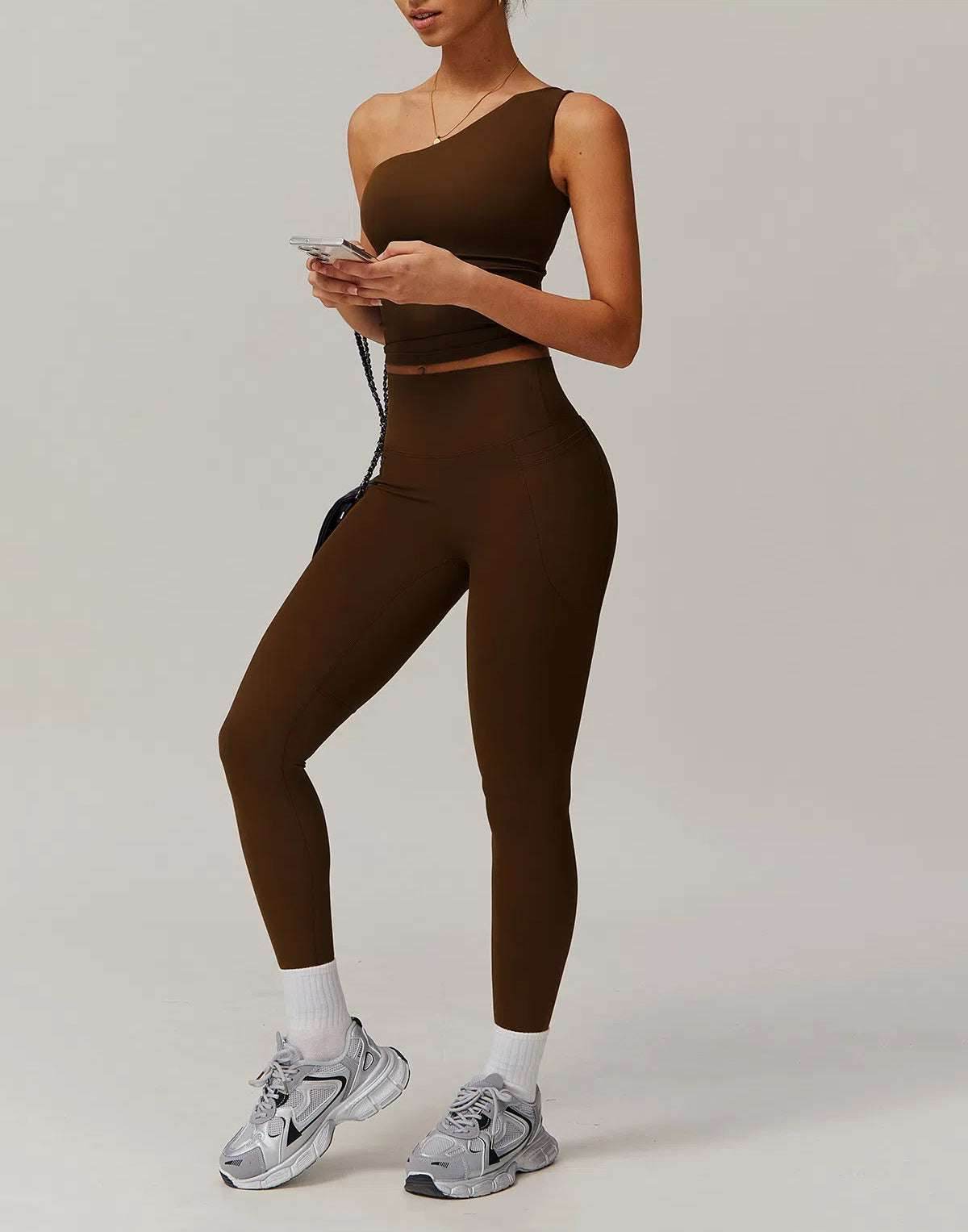 Solid Yoga Set With One shoulder Tank Top and Legging
