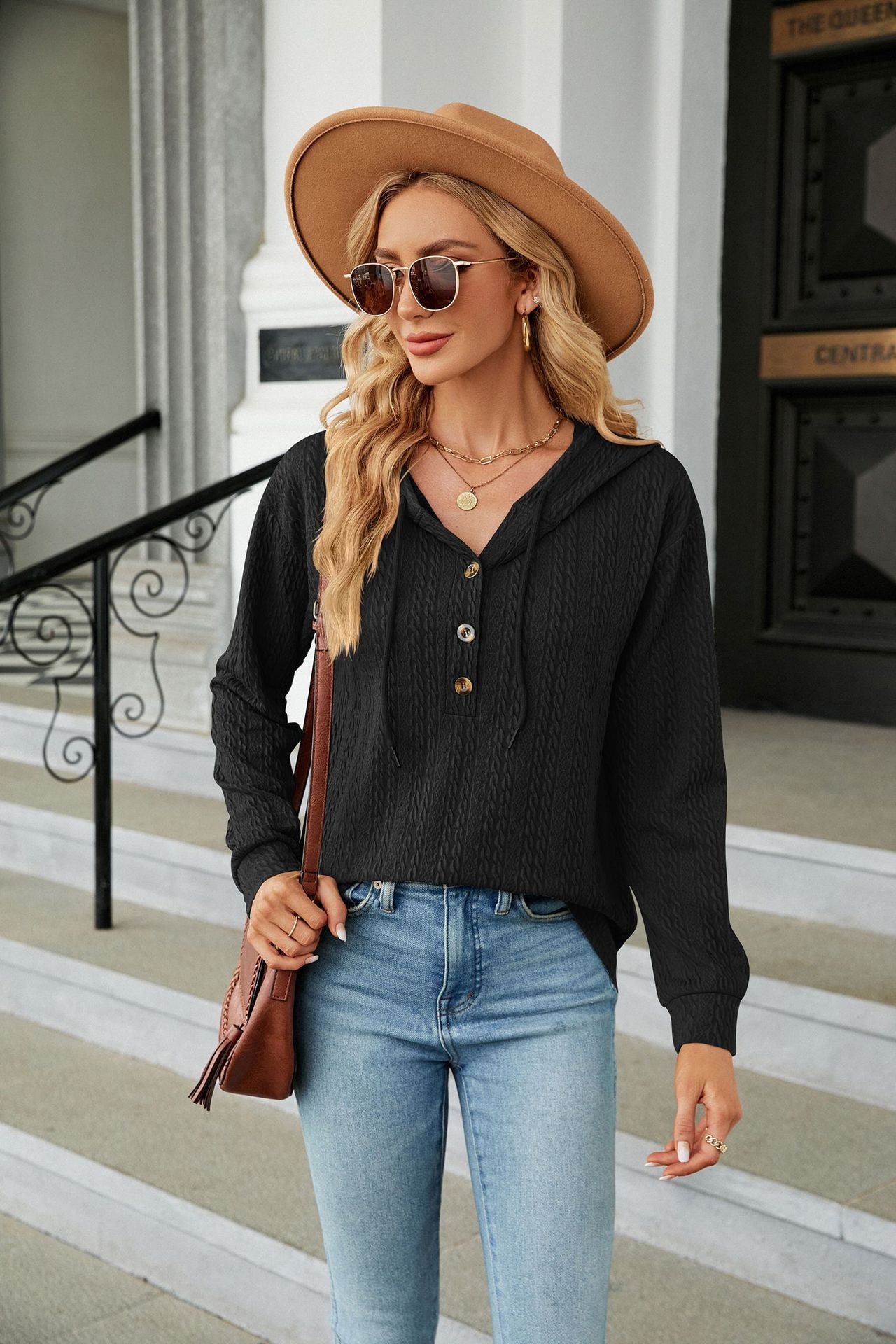 Button Hooded Sweatshirt Loose Long Sleeve Casual Tops