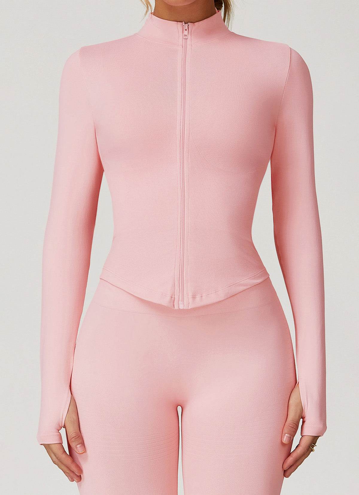 Full Zip Cropped Workout Jacket with Thumb Holes - Peach Pink