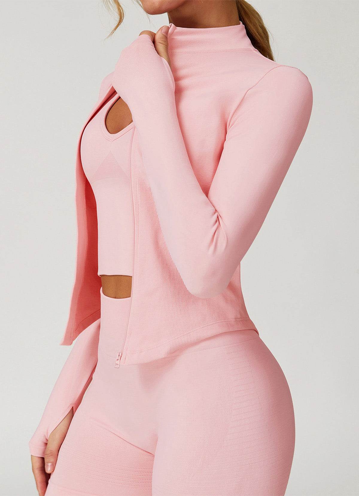 Full Zip Cropped Workout Jacket with Thumb Holes -