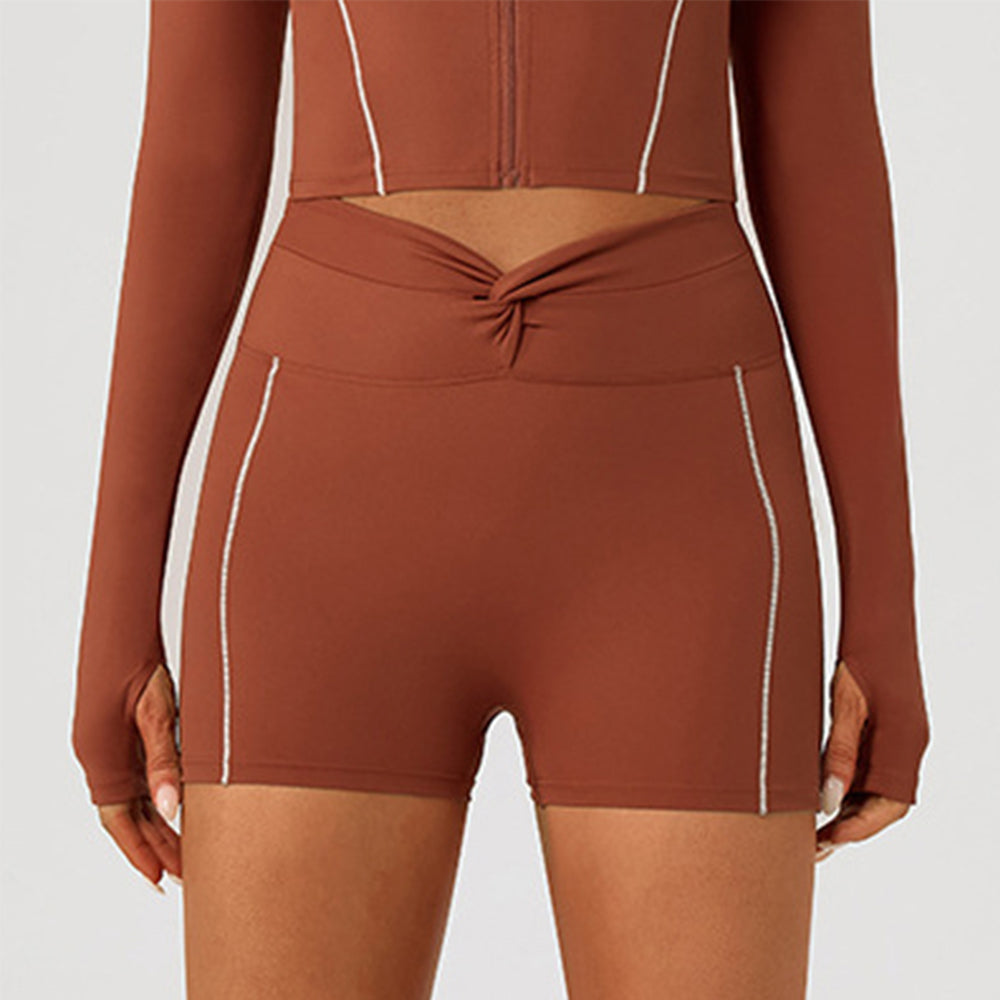Color Blocking Workout Biker Shorts Waist Knot Running Short