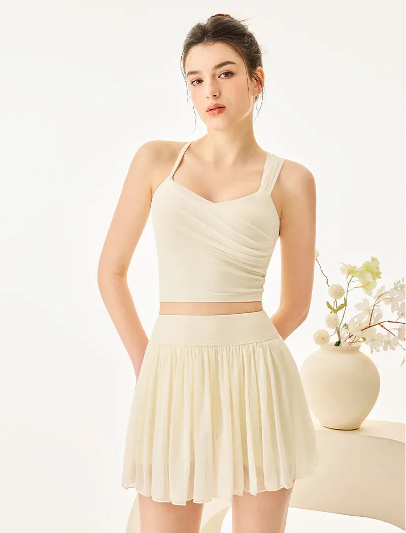 Mesh Tennis Set with Asymmetrical Strap Tank Top and Skirt - Milky White