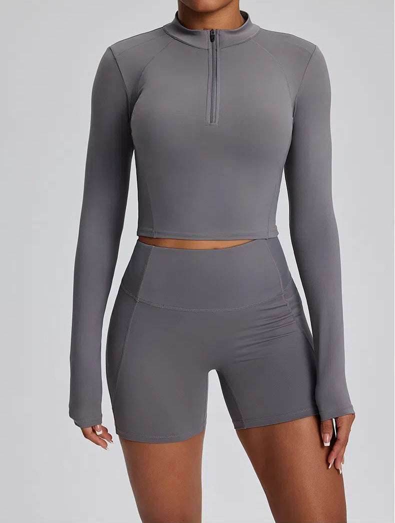 High Waist Fitness Set With Long Sleeve Shirt & Short
