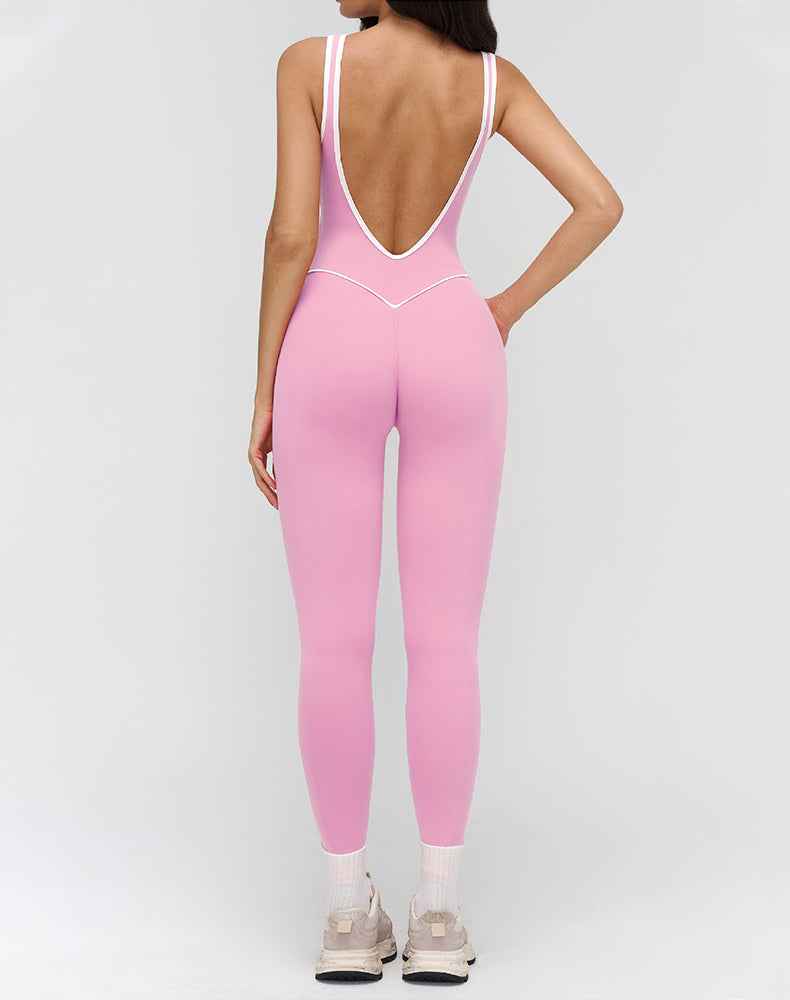 Backless One Piece Yoga Jumpsuit Contrast Trim Unitard