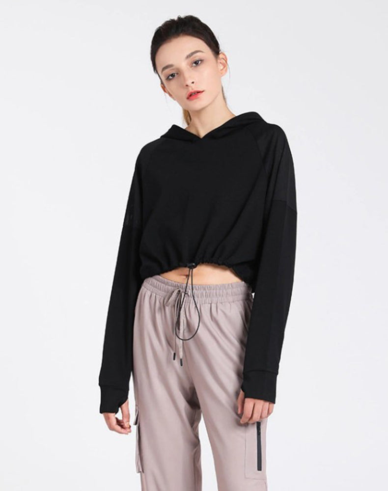 Drawstring Cropped Hoodies with Thumb Holes